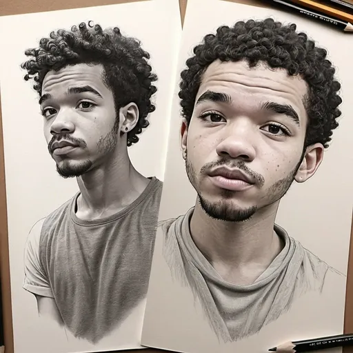 Prompt: 30 year old. darker skinned Justice Smith, pencil sketch, short messy tightly coiled hair, hand drawing.  handsome. average looking. in shape with slight beer belly
