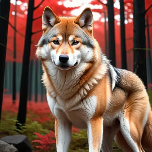 Prompt: large male wolf with coloring of a red Shiba-inu. webtoon art. forest back ground