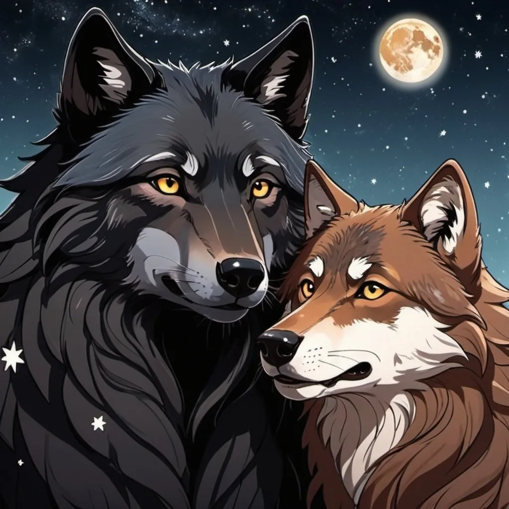 Prompt: Black wolf with a brown wolf. in love. happy. mates. Detailed faces. webtoon. manga. Simple starry sky forest background