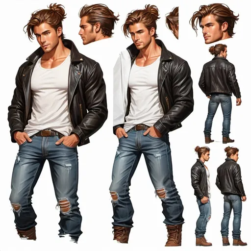 Prompt: 26 year old, broad chest fit handsome man with tan skin, long reddish brown hair in a messy manbun, sweeping bangs sticking out. piercing bright hazel eyes, handsome, wearing black leather jacket, ripped jeans, and white t-shirt boots.  oil painting. illustration. character sheet. multiple views. full body