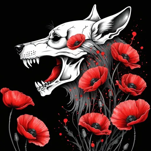 Prompt: black background tattoo. red splatter poppy flowers. simple wolf skull. side view. illustration, tattoo, drawing. color. pretty. oriental 