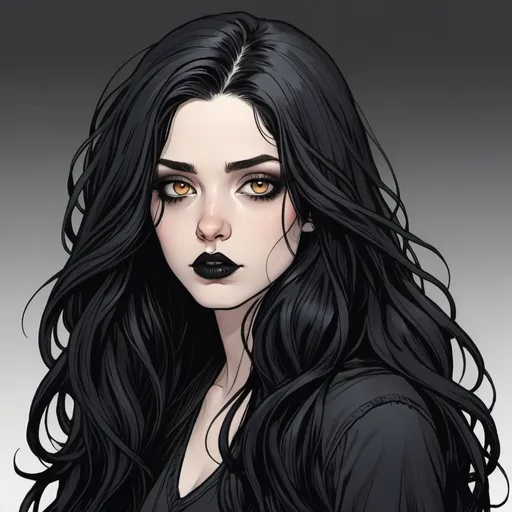 Prompt: 23 year old. gorgeous, beautiful. long black flowy haired woman. pale skin. Amber eyes. casual goth. full lips. Detailed faces. Comic book art. hand drawn. goth