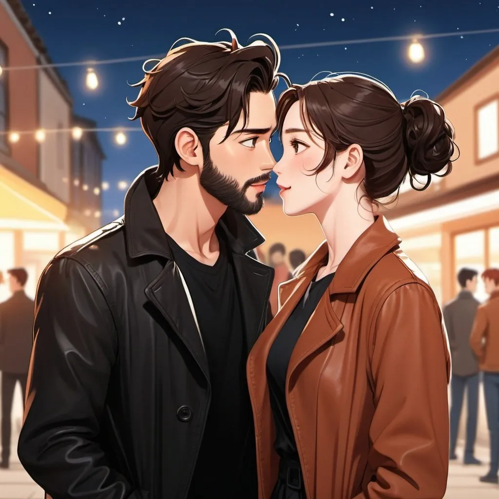 Prompt: young couple at outdoor forset party. kissing in love. love. laughing ((beautiful, black haired, pale skinned woman)) black dress  ((handsome man, reddish brown haired in messy man bun tans skin, short neat beard.)) leather coat.  In love.  Detailed faces. Romance. webtoon manga art. Illustration. watching tv