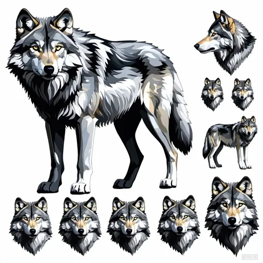 Prompt: gray wolf. gray eyes. oil painting. illustration. character sheet, multiple views, full body. monochromatic 