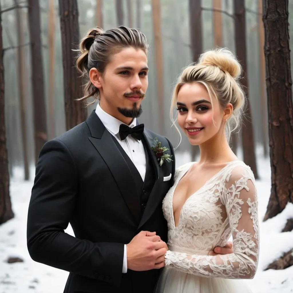 Prompt: couple. messy man bun. muscular, Latino burette Austin Butler. short beard. smiling. goth winter forest wedding. long sleeve dress. soft gorgeous Margo Robbie bride. oil painting