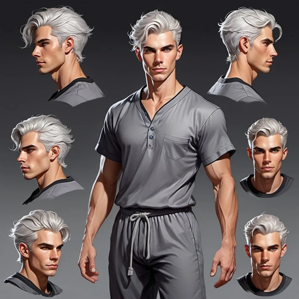 Prompt: Shifter male, character sheet. light tan skin, silver hair faced on sides, piercing gray irises, handsome, Andy black, DnD sheet, oc character. wearing dark galaxy pajama pants and a gray t-shirt. oil painting, illustration