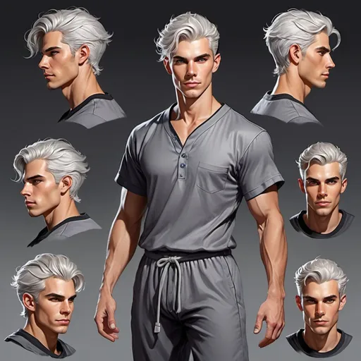 Prompt: Shifter male, character sheet. light tan skin, silver hair faced on sides, piercing gray irises, handsome, Andy black, DnD sheet, oc character. wearing dark galaxy pajama pants and a gray t-shirt. oil painting, illustration