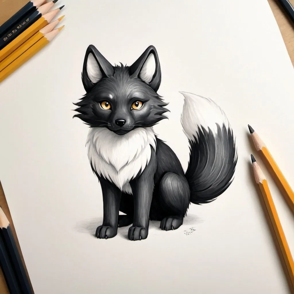 Prompt: Black kitsune with white accents on ears and tail. looks like wolf. 3 fluffy tails. pencil sketch. 