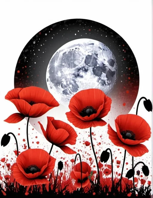 Prompt: book title art poppies red splatter and full moon. 