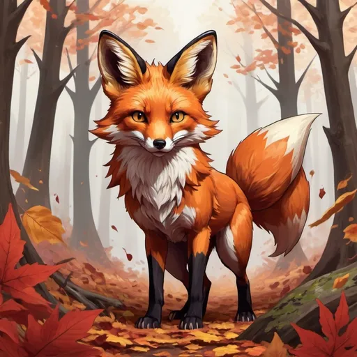 Prompt: Autumn forest back ground. fire type red fox. Three tails. Large ears. Gold eyes. Magic the gathering art style. Fierce.