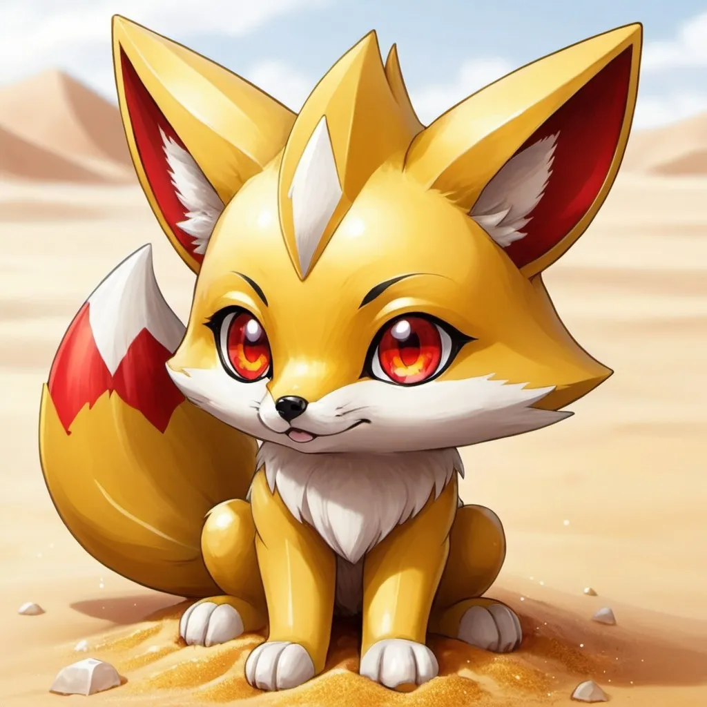 Prompt: Desert. Sand type gold fox. Yellow crystal on forhead. Red eyes. Anime. Cute. Adorable. Pokémon. drawing.