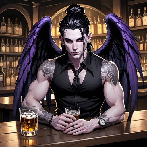 Prompt: Fey male, long pointed ears, Pale skin, long black hair, messy man bun, piercing violet irises, large solid black angel wings, handsome, andy black, DnD sheet, oc character.  well dressed. Full body. Gothic regal attire. black metal pocket watch. sipping from whiskey glass. sitting at bar. simple tavern background, illustration, comic book art