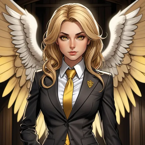 Prompt: female fey, tan skin, shoulder length blonde and brown highlighted hair, piercing yellow  irises, curvy body, dressed in fancy tailored suit and tie, butler attire, black boots, beautiful, D&D sheet, oc character. comic book art. illustration. detailed face. detailed barn owl wings. shy.