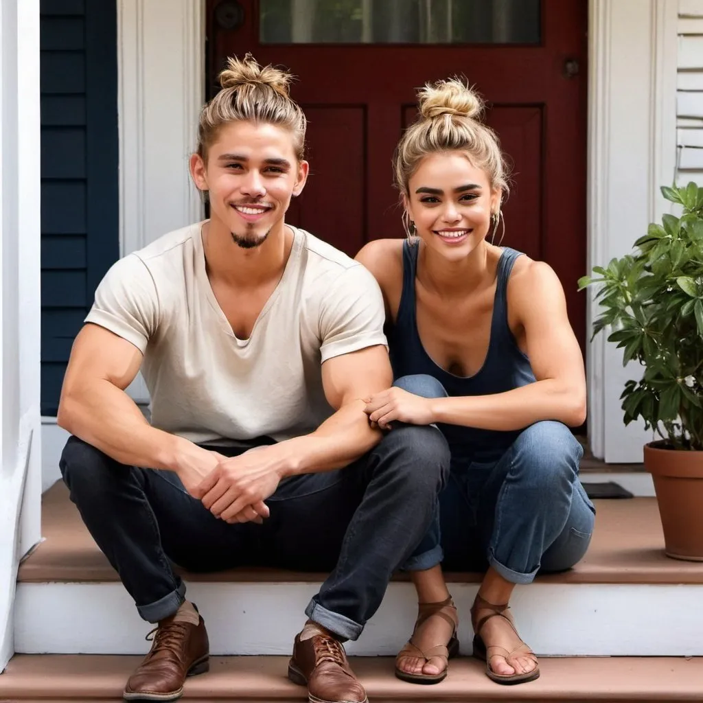 Prompt: couple. messy man bun. muscular, Latino burette Austin Butler. short beard. smiling. sitting on steps on porch. soft gorgeous Margo Robbie. oil painting