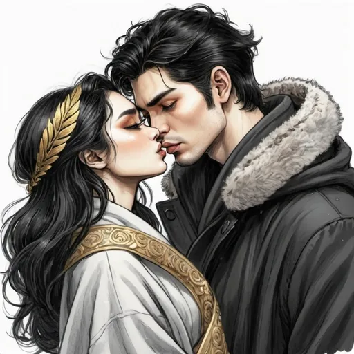 Prompt: young Japanese handsome man kissing beautiful goth Greek goddess woman. bright gold eyes.  black hair. gentle. loyal. hand drawing. sketch. pencil sketch. comic book art. winter coat. handsome. 
