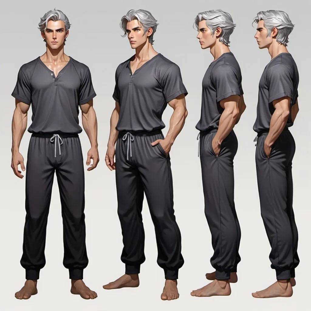 Prompt: Shifter male, character sheet. Multiple views.  light tan skin, silver hair faced on sides, piercing gray irises, handsome, Andy black, DnD sheet, oc character. wearing dark galaxy pajama pants and a gray t-shirt. Full body. oil painting, illustration