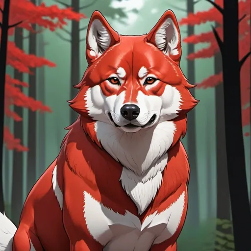 Prompt: large male wolf with coloring of a red Shiba-inu. webtoon art. forest back ground