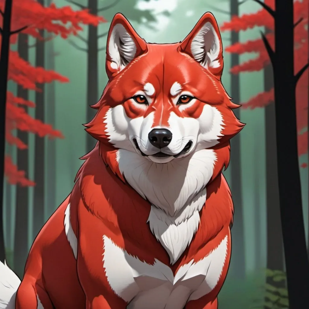 Prompt: large male wolf with coloring of a red Shiba-inu. webtoon art. forest back ground