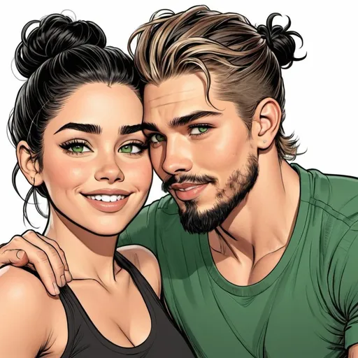 Prompt: couple. messy man bun. muscular, Latino Austin Butler, Green hazel eyes. short neat beard. in love. smiling. kissing. black haired Margo Robbie. Detailed faces. Comic book art. hand drawing. 