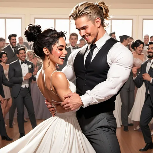 Prompt: couple. messy man bun. muscular, Latino burette Austin Butler. short beard. dancing. laughing. winter wedding. long sleeve dress. soft Margo Robbie. Detailed faces. comicbook art