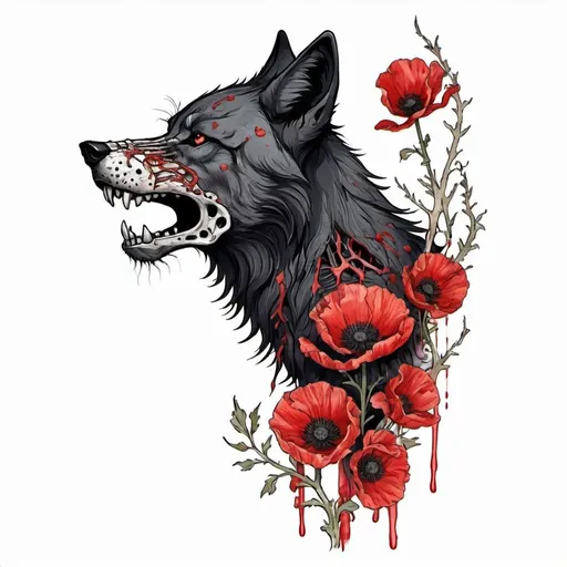 Prompt: black wolf outline with human skeleton. red splatter poppy flowers in rib cage.  side view. illustration, tattoo, drawing. color. pretty. oriental 