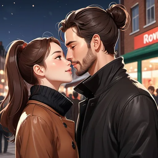 Prompt: young couple at outdoor forset party. kissing in love. love. laughing ((beautiful, black haired, pale skinned woman)) long black turtleneck sweater dress  ((handsome man, reddish brown haired in messy man bun tans skin, short neat beard.)) leather coat.  In love.  Detailed faces. Romance. webtoon manga art. Illustration. watching tv