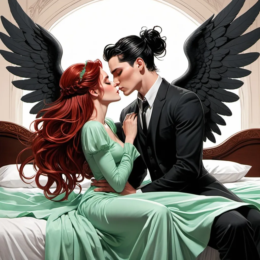 Prompt: Large bed, black velvet sheets, mahogany carved headboard, beautiful red haired woman in mint green long flowy dress kissing black haired, man bun, well dressed, Andy Black with black angel wings. In love. Love. Deep kiss. Leaning over. Romance novel. Detailed faces. Laying down. Romance. Comic book art. Illustration.