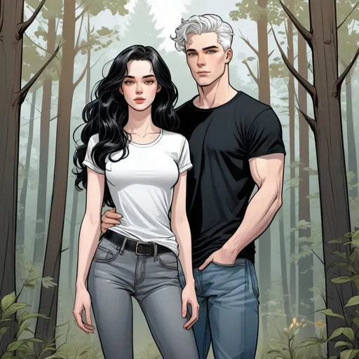 Prompt: young woman. pale skin, long black wavy hair, piercing honey irises, slender body, black t-shirt,  gorgeous, beautiful. Standing with  young man with white short faded hair. gray shirt and jeans. comic book art. illustration. forest background
