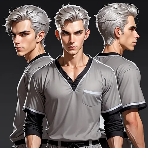 Prompt: Shifter male, character sheet. light tan skin, silver hair faced on sides, piercing gray irises, handsome, Andy black, DnD sheet, oc character. wearing dark galaxy pajama pants and a gray t-shirt. oil painting, illustration