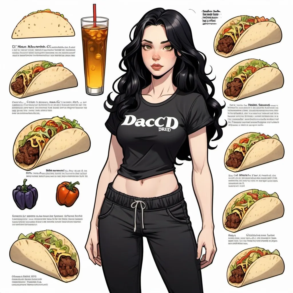 Prompt: Character sheet, female human, pale skin, long black wavy hair, piercing honey irises, slender body, dressed in  black pajama pants with tacos and black t-shirt,  gorgeous, beautiful, light vertical scar over lips. D&D sheet, oc character. comic book art. illustration.