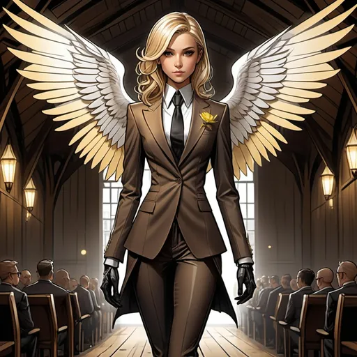 Prompt: female fey, tan skin, shoulder length blonde and brown highlighted hair, piercing yellow  irises, tall slender body, dressed in fancy tailored suit, butler attire, black and silver boots, beautiful, D&D sheet, oc character. comic book art. illustration. detail face. detailed barn owl wings. shy, curvy
