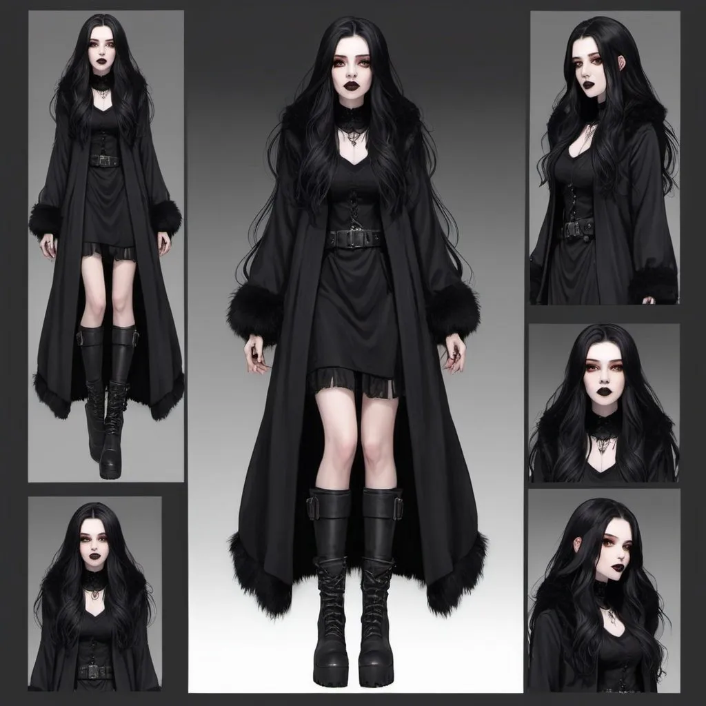 Prompt: 23 year old. gorgeous, beautiful. long black flowy haired woman. pale skin. Amber eyes. casual winter goth outfit. long black fur coat. full lips. Detailed faces. Hand drawn. goth. black boots. Dnd sheet. multiple angles.