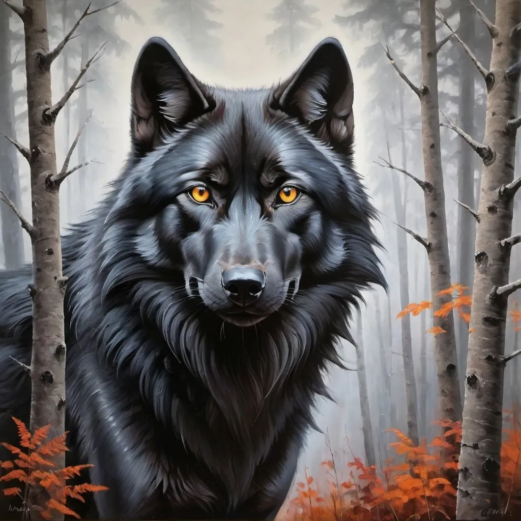 Prompt: large female solid black wolf with ember eyes oil painting. forest back ground