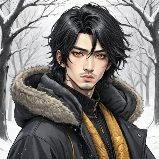 Prompt: 25 year old Japanese handsome man. kiss beautiful goth goddess woman. bright gold eyes.  black hair. gentle. loyal. hand drawing. sketch. pencil sketch. comic book art. winter coat. handsome. 