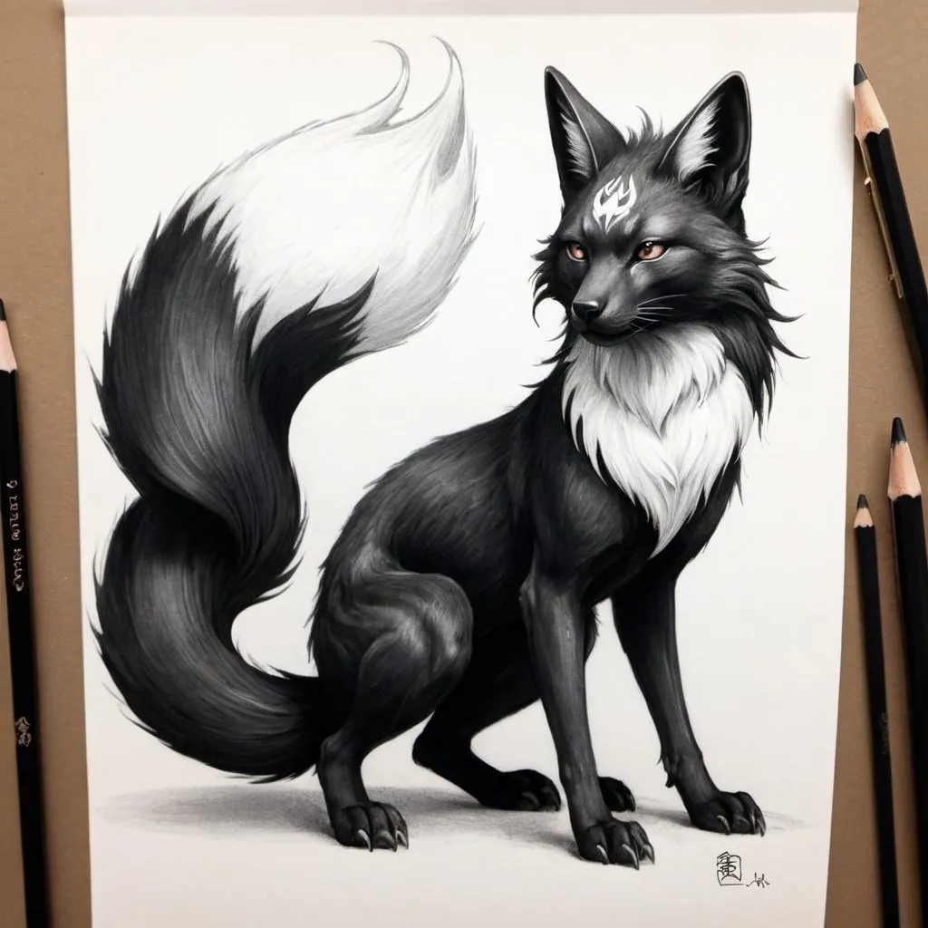 Prompt: Black kitsune with white accents. three tails. beast. large. pencil sketch. 