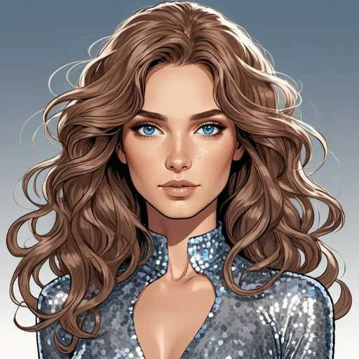 Prompt: ((beautiful brown flowy haired woman with hair down. tan skin)) steel blue eyes. wearing long sleeve silver sequin dress Detailed faces. Comic book art. hand drawn. 