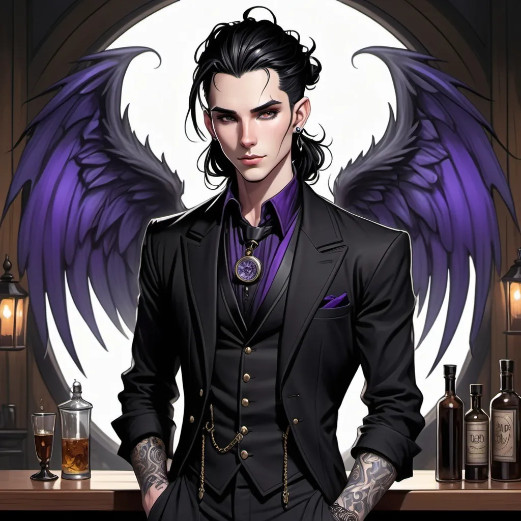 Prompt: Fey male, long pointed ears, Pale skin, long black hair, messy man bun, piercing violet irises, large solid black  wings, handsome, andy black, DnD sheet, oc character.  well dressed. Full body. Gothic regal attire. holding black metal pocket watch. simple tavern background, illustration, comic book art