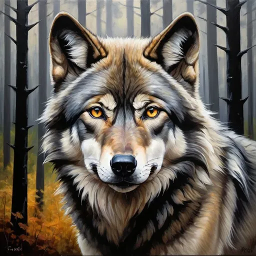 Prompt: large female wolf with solid black fur ember eyes oil painting. forest back ground