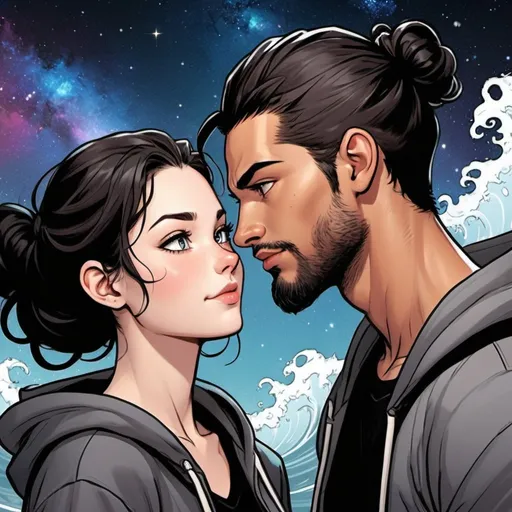 Prompt: Photo booth picture. Happy couple. staring longingly into each others eyes. ((beautiful black flowy haired woman with hair down in waves. pale skin)) ((handsome man hair in messy man bun. muscular, Latino male, short beard.)) in love. Wearing black Hoodies. Detailed faces. Comic book art. webtoon. manga. Simple galaxy background