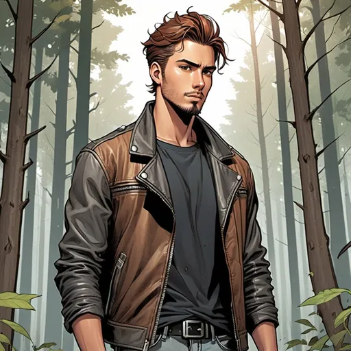 Prompt:  Male, young.  tan skin, long reddish brown hair in a messy man bun faded on sides, piercing hazel irises, handsome, short neat facial hair, wearing black leather jacket, ripped jeans, and gray t-shirt.  comic book art. illustration. forest background.