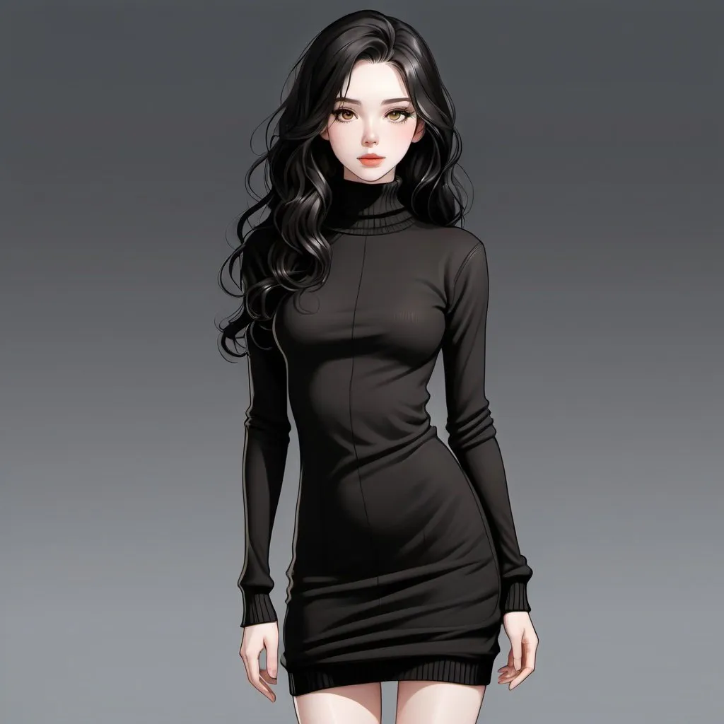 Prompt: 22 year old female , pale skin, long black wavy hair, piercing honey eyes, slender body, brown eyes. dressed in ankle length sweater black sweater dress, turtleneck.  gorgeous, full body. beautiful, light vertical scar over lips. manga, cartoony, webtoon art  illustration.