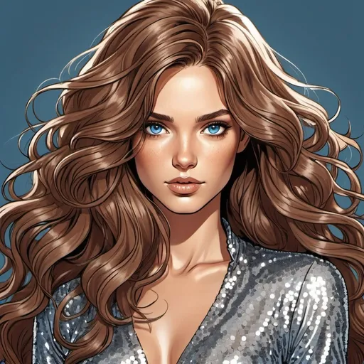 Prompt: ((beautiful brown flowy haired woman with hair down. tan skin)) steel blue eyes. wearing long sleeve silver sequin dress Detailed faces. Comic book art. hand drawn. 