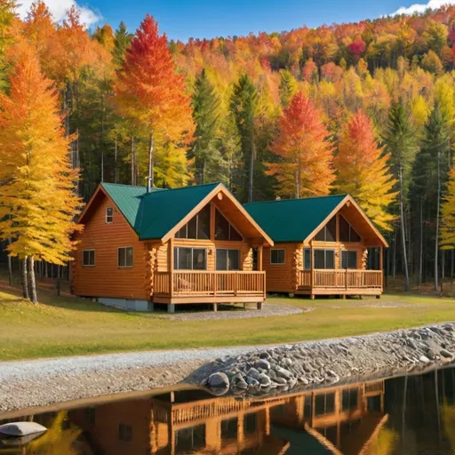 Prompt: 22 cabin houses in a nice community, surrounded by the fall forest 