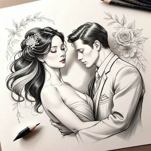 Prompt: Gorgeous, beautiful English woman. long black flowy haired. pale skin. full lips. ballroom dancing with short haired Japanese husband at their wedding. Detailed faces. hand drawing. hand drawn. pencil sketch.