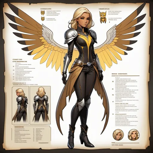 Prompt: Character sheet, female fey, tan skin, shoulder length blonde and brown height lighted hair, piercing yellow  irises, tall slender body, dressed well tailored suit, black and silver boots, beautiful, D&D sheet, oc character. comic book art. illustration, detail face, tan barn owl like wings. shy