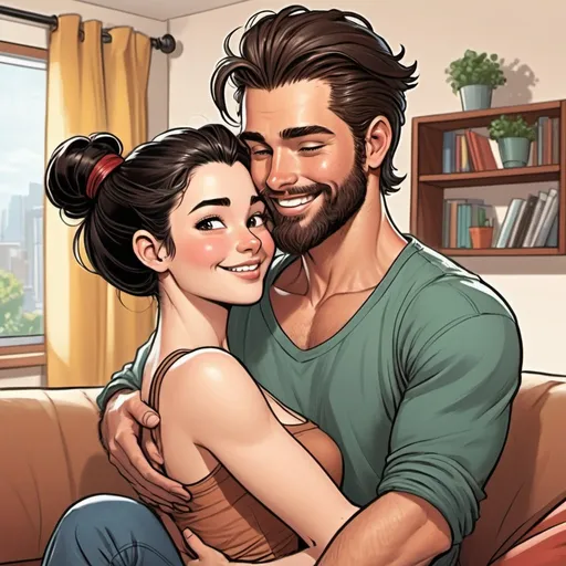 Prompt: picking female like a princess. scooped up in arms. smiling.  happy in love ((beautiful, black haired, pale skinned woman))  ((handsome man, reddish brown haired in messy man bun tans skin, short beard.))  In love. Detailed faces. Romance. Comic book art. Illustration. living room background