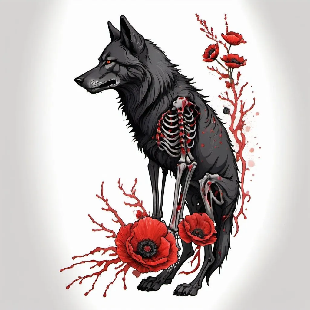 Prompt: black wolf outline with human skeleton. red splatter poppy flowers in rib cage.  side view. illustration, tattoo, drawing. color. pretty. oriental 