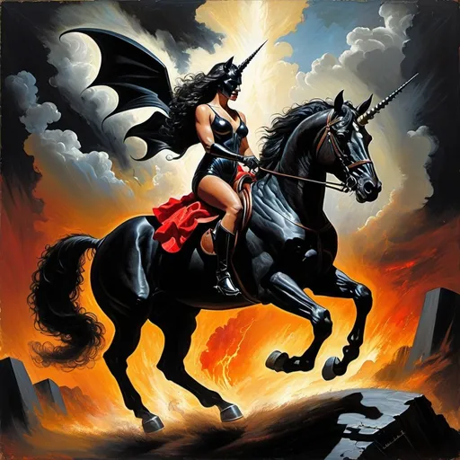 Prompt: Black unicorn being ridden by female demon. comic book. oil painting.