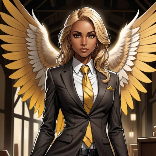Prompt: female fey, dark tan skin, shoulder length blonde and brown highlighted hair, piercing yellow  irises, curvy body, dressed in fancy tailored suit and tie, butler attire, black boots, beautiful, D&D sheet, oc character. comic book art. illustration. detailed face. detailed barn owl wings. shy.