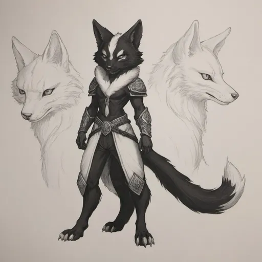 Prompt: Black kitsune with white accents. three tails. beast. large. multiple angles. dnd character sheet. pencil sketch. 